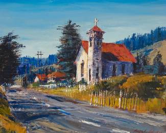 2074
Ben Abril
(1923-1995)
"High Country Church"
Oil on canvas
Signed lower right: Ben Abril; titled and numbered "#47" on the stretcher
16" H x 20" W
Estimate: $500 - $700
