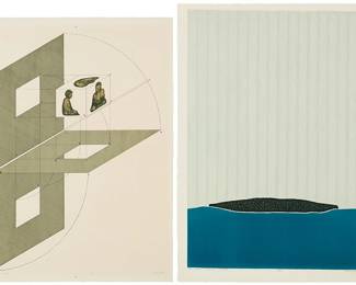 2247
A. Brady (active 1960s)
Two works:
"Benares Blues," 1967
Lithograph in colors on wove paper
Edition: 3/12
Signed, dated, and numbered in pencil in the lower margin: A. Brady 67
Image: 27" H x 19.5" W; Sheet: 29.75" H x 22" W
"The Grass is Always Greener," 1966
Etching and aquatint in colors on wove paper
Edition: 3/20
Signed, dated, numbered, and inscribed in pencil in the lower margin: A Brady "MPI" 66
Plate: 27.75" H x 20.25" W; Sheet: 30" H x 22.25" W
Estimate: $150 - $250