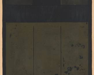 2221
Kunihiro Amano
(b. 1929)
Untitled, from the "Enclosure Series," 1966
Woodcut in colors with embossing on paper
Edition: 170/210
Signed, dated, and numbered in pencil in the lower margin: Kunihiro Amano '66; with Japanese characters in pencil in the lower portion of the left and right margins
Plate: 21.625" H x 15.125" W; Sight: 22.5" H x 16" W
Estimate: $300 - $500