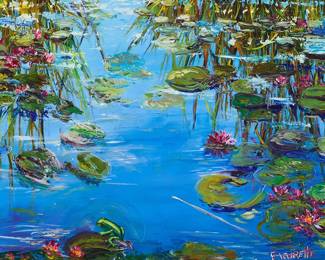 2048
Jeannine Levitt-Riccio
(20th Century)
"Properoux Pond," 2001
Oil on canvas
Signed lower right: Fleurette; signed again, titled, dated 2001, and inscribed "Hawaii," all verso
14" H x 18" W
Estimate: $200 - $300