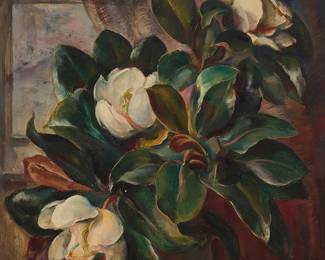 2150
Ejnar Hanson
(1884-1965)
Still life with magnolias
Oil on canvas
Signed with conjoined initials lower right: EHansen; signed again and inscribed "Pasadena," verso
30" H x 25" W
Estimate: $700 - $900