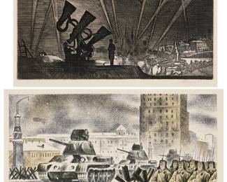 2275
Two 20th century prints
War on a city from above
Etching on wove paper
Signed indistinctly in the lower margin, at right
Plate: 7.5" H x 14" W; Sight: 11.5" H x 18.5" W
Winter scene with tanks and soldiers
Lithograph in colors on paper
Signed indistinctly in the lower margin, at right
Image: 7.875" H x 14.875" W; Sight: 11.5" W x 18.5" W
Estimate: $400 - $600