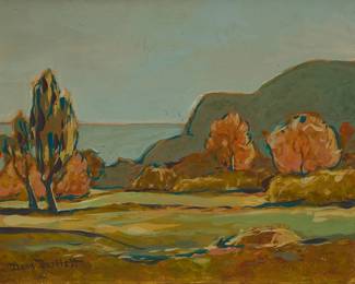 2019
Dana Bartlett
(1882-1957)
Coastal view with autumn trees
Oil on board
Signed lower left: Dana Bartlett
11.5" H x 14.75" W
Estimate: $800 - $1,200