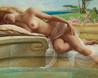 2342
Roberto Lupetti
(1918-1997)
"Dreamy Day," circa 1979
Oil on canvas
Signed lower right: Robert Lupetti; signed again and numbered "R-79-109" verso; titled and dated on a label affixed to the frame's verso
24" H x 36" W
Estimate: $400 - $600