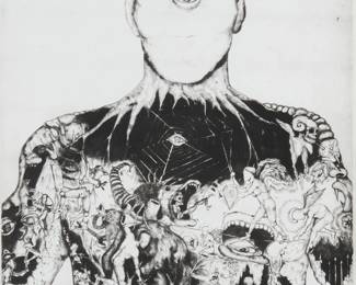 2284
Unidentified 20th century, possibly Jose Alicea (b. 1928)
"Tribulaciones," 1996
Etching and drypoint on wove paper
Edition: 1/5
Signed, titled, dated, numbered, and inscribed "Para mi amigo Lázaro" in pencil in the lower margin: Alicea [?]
23" H x 17.25" W
Estimate: $100 - $200