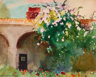 2076
Arthur Grover Rider
(1886-1975)
Mission garden, possibly San Juan Capistrano
Watercolor on paper
Estate stamped lower left and verso: A.G. Rider
Sight: 9.25" H x 11.25" W
Estimate: $600 - $800