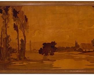 2139
Pierre Rosenau (20th Century)
Landscape with house and trees, 1941
Marquetry on wood panel
Signed and dated lower right: Rosenau 1941
29" H x 58.5" W
Estimate: $300 - $500