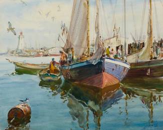 2027
James Milton Sessions
(1882-1962)
Harbor scene
Watercolor on paper
Signed lower right: Sessions
Sight: 20.5" H x 24.625" W
Estimate: $400 - $600