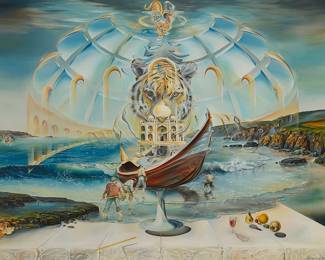 2317
Dan Schilling
(b. 1946)
Surrealist painting with tiger and fishermen,1972
Oil on canvas
Signed and dated lower right: Dan Schilling '72
47.25" H x 60" W
Estimate: $300 - $500