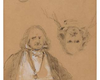 2395
Attributed to Daniel Maclise
(1806-1870)
Study of Christopher North, circa 1840
Graphite and gouache on beige paper
Inscribed in ink with the artist's name, possibly in another hand, on the hand-painted, French-style mount: Daniel Maclise, R.A. 1806-1870; inscribed in pencil, also possibly in another hand, in the lower right corner of the sheet: "Burn's Festival / April 18? / Christopher North;" with this information also on a gallery label affixed to the frame's backing board, and with an additional notation indicating that the work came from a sketchbook, circa 1840
Sheet: 6.5" H x 4" W
Estimate: $200 - $300