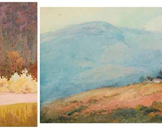 2067
Albert Thomas De Rome (1885-1959)
Two works:
"Hilltop Ranch, Back of Los Gatos, Looking West," 1928
Watercolor on artist's board
Signed lower left: A. De Rome; titled, dated, and inscribed in ink, verso: 1928 Fall / Will Sparks; inscribed in pencil, presumably in Will Spark's hand, verso: "Bad color handling / foreground don't fit background"
7.875" H x 11.875" W
Riverbank landscape
Watercolor on paper
Unsigned
Image: 9.5" H x 7.25" W; Sheet: 14.25" H x 9.5" W
Estimate: $600 - $800