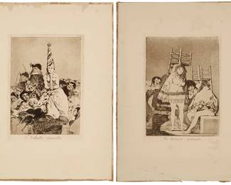 2273
Francisco Goya
(1746-1828)
Two works: "Nohubo remedio," plate 24; and "Ya tienen asiento," plate 26, from "Los Caprichos," 1796-1799
Each: Etching and burnished aquatint on laid paper, one with GVA-RRO watermark
Each presumably from one of the later editions (at least 12 separate editions were printed between 1799 and 1937)
Each: Unsigned as usual; with the title and plate number etched in the plate outside the image
"Nohubo remedio": Image: 7.5" H x 5.375" W; Plate: 8.5" H x 5.875" W; Sheet: 13.5" H x 10.125" W; "Los Caprichos": Image: 7.5" H x 5.5" W; Plate: 8.5" H x 5.75" W; Sheet: 13.625" H x 9.75" W
Estimate: $300 - $500