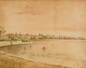 2055
Early 20th Century European School
European waterfront town scene
Watercolor on paper
Signed and inscribed partially indistinctly, lower right: A Sketch
Sight: 10.5" H x 14.25" W
Estimate: $150 - $200