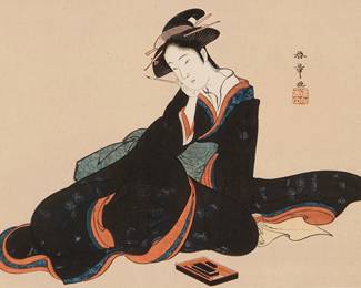 2217
Shunsho Katsukawa
(1726-1792)
"A Beauty"
Woodcut in colors on paper
From the edition of unknown size and date
With the printed black ink signature in Japanese and the artist's red ink chopmark, upper right; titled on a label affixed to the frame's backing paper
Sight: 7.5" H x 11.625" W
Estimate: $200 - $300