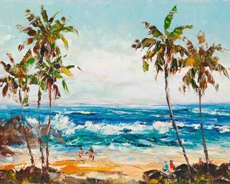 2011
Hajime Okuda
(1906-1992)
Hawaiian cove with palm trees and figures
Oil on canvas
Signed lower left: H. Okuda; signed again and inscribed "#4," and with the artist's Maui address and phone number, all verso
12" H x 16" W
Estimate: $1,000 - $1,500