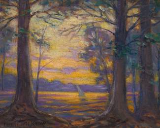 2046
Louise Mary Wahl Kamp
(1867-1959)
Lake and pine trees
Oil on board
Signed lower left: Louise M Kamp
8" H x 10" W
Estimate: $300 - $500