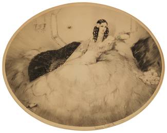 2330
Louis Icart
(1888-1950)
"Black Fan," 1931
Etching, drypoint, and aquatint in colors on wove paper
From the edition of unknown size
Signed in pencil along the lower platemark, at left: Louis Icart; with the artist's windmill blindstamp in the platemark, lower left; with the artist's copyright and date in the plate at upper right: Copyright 1931 by L. Icart, Paris
Image: 16" H x 20.5" W; Sight: 17" H x 21.5" W
Estimate: $400 - $600