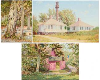 2079
William North (20th Century)
Three works:
"Chapel Cemetery - Captiva," 1992
Oil on canvas
Signed lower left: William North; titled, dated "July 19, 1992," and numbered "9255" along the canvas overlaps
12" H x 9" W
Sanibel Lighthouse, Sanibel, FL
Oil on canvas
Signed lower left: William North; numbered twice "0034" along the canvas overlaps
11" H x 17" W
Florida schoolhouse, 1994
Oil on canvas
Signed lower left: William North; dated "4.1.94" and numbered twice "9426" along the canvas overlaps
11" H x 17" W
Estimate: $300 - $500