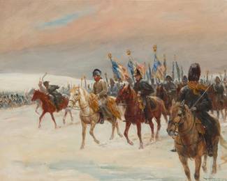 2185
Raymond Desvarreux-Larpenteur
(1876-1961)
Napoleonic military march in winter
Oil on canvas
Signed lower right: Raymond Desvarreux-Larpenteur
16" H x 20" W
Estimate: $500 - $700