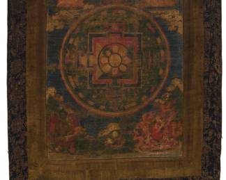2233
A 19th/20th century Tibetan thangka
Painted panel depicting scenes of deities and Buddhist iconography in multicolored pigment on cotton, bordered by fabric brocade in navy, brown, and gold, as well as a decorative pattern; the upper and lower borders with wooden dowels at each end, and the upper border with fabric ties
Image: 21.625" H x 115.75" W; Overall: 44" H x 25.5" W
Estimate: $400 - $600
