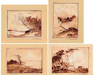 2071
Albert Thomas De Rome (1885-1959)
Four works:
"Monterey Dunes"
Sanguine ink on paper mounted to paper
Signed in ink lower right: A. De Rome; titled in pencil verso
Image/Sheet: 2.125" H x 3" W; Paper mount: 6" H x 8" W
Cypress tree
Sanguine ink on paper mounted to paper
Signed in ink lower right: A. De Rome
Image/Sheet: 3.25" H x 2.25" W; Paper mount: 7.875" H x 5.75" W
Coastal view with blasted tree and clouds
Sanguine ink on paper mounted to paper
Signed lower right: A. De Rome
Image/Sheet: 2" H x 2.5" W; Paper mount: 5" H x 6.125" W
Trees along a coast
Sanguine ink on paper mounted to paper
Signed in ink lower right: A. De Rome
Image/Sheet: 2" H x 2.75" W; Paper mount: 4.75" H x 5.5" W
Estimate: $600 - $800