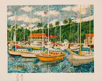 2040
Guy Buffet
(1943-2023)
"Aloha Lahaina"
Lithograph in colors on wove paper
Edition: AP 27/50
Signed and numbered in pencil in the lower margin: Guy Buffet; signed again in pencil beside a hand-drawing with colored pencil of an image of two men conversing, all in the lower margin, at left
Image: 23.25" H x 29.25" W; Sight: 29" H x 34.75" W
Estimate: $200 - $300