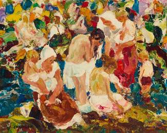 2365
John Edward Costigan
(1888-1972)
"Bathing Group"
Oil on canvasboard
Signed lower left: J.E. Costigan; signed again, titled twice, and inscribed "C-11314," all verso
12" H x 16" W
Estimate: $800 - $1,200