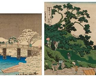 2212
Two Japanese woodcuts
Two works:
Katsushika Hokusai (1760-1849)
"Sundai, Edo," circa 1830-32
Woodcut in colors on paper
From the edition of unknown size and date
With the printed black ink signature and inscription in Japanese, upper left
Sight: 9.75" H x 14.25" W
Unknown artist
Bridge in winter
Woodcut in colors on paper
From the edition of unknown size and date
Appears unsigned
Sight: 8" H x 12.875" W
Estimate: $150 - $200
