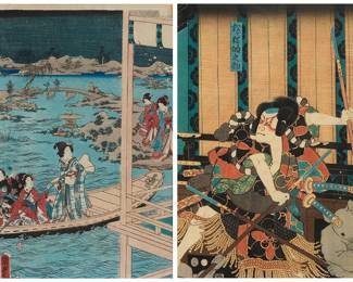 2219
Two Japanese woodcuts
Two works:
Utagawa Kunisada (1786-1865)
"Actor Nakamura Fukusuke I as Matsugae Matonosuke," 1855
Woodcut in colors on paper
From the edition of unknown size and date
With printed black ink Japanese characters in the upper left quadrant
Sight: 13.375" H x 9" W
Utagawa Kunisada (1786-1865)
Figures crossing a river
Woodcut in colors on paper
From the edition of unknown size and date
With printed black ink Japanese characters near the lower left corner
Sight: 13.5" H x 9" W
Estimate: $200 - $300