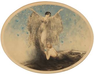 2329
Louis Icart
(1888-1950)
"Little Butterflies," 1926
Etching and aquatint in colors on wove paper
From the edition of unknown size
Signed in pencil along the lower platemark, at left: Louis Icart; inscribed "36" in pencil in the lower platemark, at right
Plate: 15" H x 19.5" W; Sight: 15.5" H x 20" W
Estimate: $500 - $700