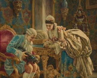 2328
Belisario Gioja
(1829-1906)
Italian couple playing with a dog and monkey in an ornate interior
Watercolor on paper
Signed and inscribed lower right: B. Gioja / "Roma"
Sight: 21" H x 14.25" W
Estimate: $500 - $700