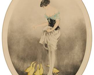 2331
Louis Icart
(1888-1950)
"Snack," 1927
Etching, drypoint, and aquatint in colors on wove paper
From the edition of unknown size
Signed in pencil along the lower platemark, at left: Louis Icart; inscribed "E93" in pencil in the lower platemark, at right; with the artist's windmill blindstamp in the platemark, lower left; with the artist's copyright and date in the plate at upper left: Copyright 1927 by L. Icart, Paris; in the plate at upper right: Edite Parles Artistes Modernes, 5 Rue Scribe, Paris
Plate: 18.5" H x 14" W; Sight: 19.75" H x 15" W
Estimate: $400 - $600