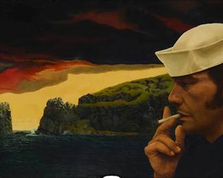 2374
Late 20th Century American School
"Red Sun at Morning (Mr. Lee Everet)," 1978
Oil on Masonite in a maritime cordage frame
Signed, dated, and with the artist's device, lower right: Romney © '78; signed and dated again, and titled, all on the stretcher
19.75" H x 48" W
Estimate: $500 - $700