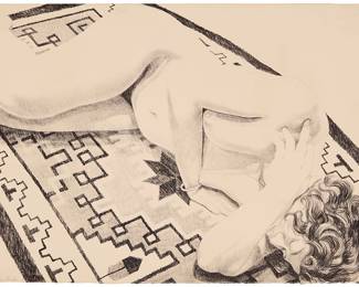 2253
Philip Pearlstein
(1924-2022)
"Model on Grey Patterned Rug," 1973
Lithograph on wove paper
Edition: 88/90
Signed, dated, and numbered in pencil, lower left: Philip Pearlstein 73; Landfall Press, Chicago, IL, prntr./pub., with their blindstamp, lower left, and ink stamp, verso
Image/Sheet: 22.5" H x 32.5" W
Estimate: $400 - $600