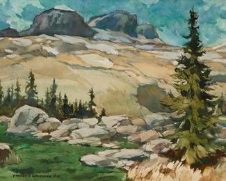 2117
Frederic Whitaker
(1891-1980)
"Winter Leaves Reluctantly"
Watercolor on paper
Signed lower left: Frederic Whitaker. N.A.; titled and numbered "758," presumably in another hand, on a piece of tape affixed to the frame's verso
Sight: 15.5" H x 21.5" W
Estimate: $300 - $500