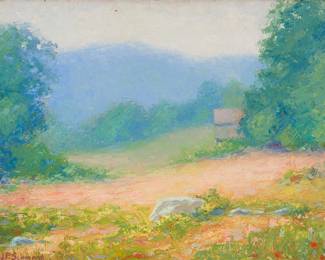 2091
J. Phillip Schmand
(1871-1942)
"Plesan [sic] Valley, Conn.," 1928
Oil on canvasboard
Signed lower left: J.P. Schmand; dated "Aug. 16-28 / a.m." in pencil, verso; signed again, titled, and inscribed with the artist's New York address, all in ink on a label affixed verso
12" H x 16" W
Estimate: $500 - $700