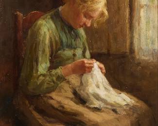 2372
Evert Pieters
(1856-1932)
Woman sewing
Oil on panel
Signed lower right: E. Pieters
14.25" H x 10.5" W
Estimate: $600 - $800
