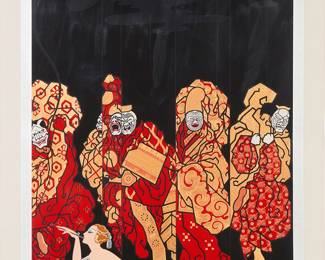 2245
Romain (Erté) de Tirtoff
(1892-1990)
"Opium," 1985
Embossed screenprint in colors with foil stamping on paper
Edition: LIV/CL (aside from the edition of 300)
Signed and numbered in Roman numerals in pencil in the lower margin: Erté; Chromacomp, New York, prntr.; Chalk & Vermilion Fine Arts, Ltd., Greenwich, CT, pub.
Image: 27" H x 20.5" W; Sight: 30.25" H x 23.5" W
Estimate: $500 - $700