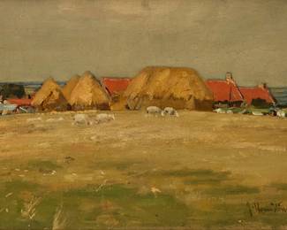 2180
J. Hermiston Haig
(fl.1887-1919)
Sheep grazing in the English countryside
Oil on canvas
Signed lower right: J. Hermiston Haig
10" H x 16" W
Estimate: $200 - $300