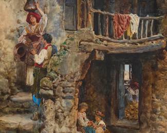 2370
Enrico Nardi
(1864-1947)
"A Busy Afternoon," 1892
Watercolor and gouache on paperboard
Signed, dated, and inscribed lower left: Nardi 92 / "Roma;" titled on the frame plaque
Sight: 21" H x 14.5" W
Estimate: $400 - $600