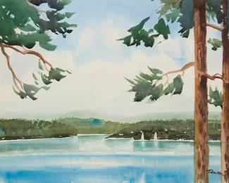 2061
Donal Jolley
(b. 1933)
Landscape with a lake view, 2009
Watercolor on paper
Signed lower right: Donal Jolley; dated in ink, in another hand, on the frame's backing paper
Sight: 21" H x 29" W
Estimate: $150 - $250