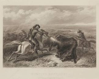 2276
Felix Octavius Carr Darley
(1822-1888)
"Hunting Buffaloes"
Engraving on paper
From the edition of unknown size and date
With the artist's and engraver's names, as well as the title, all engraved in the plate and below the image
Image: 5.75" H x 8.5" W; Sight: 7.375" H x 9.625" W
Estimate: $300 - $500