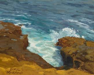 2006
Daryl Millard
(b. 1964)
"Rocks Near the Cove"
Oil on panel
Signed lower left: Daryl Millard; signed again and titled in pencil, verso
8" H x 10" W
Estimate: $500 - $700