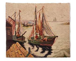 2037
A New England harbor scene needlework panel
Early/mid-20th century
The polychrome embroidery or latch hook-style needlework panel featuring a New England landscape scene of a harbor and fishing boats, the panel worked in chenille yarn on mesh canvas, with stitched lining verso
27" H x 32.5" W
Estimate: $300 - $500