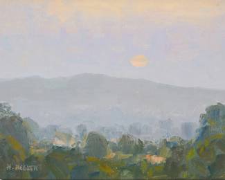 2111
Hans Kegler
(20th/21st Century)
"Sunset Smoke"
Oil on canvas panel
Signed lower left: H. Kegler; signed again, titled, and numbered "13" in ink, all verso
8" H x 10" W
Estimate: $500 - $700