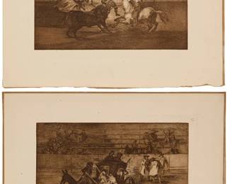2272
Francisco Goya
(1746-1828)
Two works: "Death of Pepe Illo," plate F; and "Función de mojiganga," plate G, from "La Tauromaquia," 1815-1816
Each: Etching, aquatint, and drypoint in brown ink on laid paper
Each: Presumably from one of the later editions
Each: Unsigned as usual; with the plate letter etched in the plate outside the image; with the blindstamp portrait of Goya in the lower margin, at right
"Death of Pepe Illo": Image: 8.125" H x 12.5" W; Plate: 9.625" H x 13.75" W; Sheet: 13.75" H x 17.875" W; "Función de mojiganga": Image: 8.5" H x 12.375" W; Plate: 10" H x 13.375" W; Sheet: 13.75" H x 17.75" W
Estimate: $400 - $600