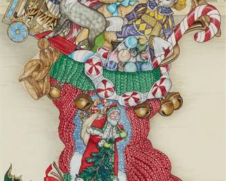 2261
Jan Brett
(b. 1949)
Christmas stocking
Mixed media on paper
Signed lower right: Jan Brett
Sight: 12" H x 8.25" W
Estimate: $1,500 - $2,000