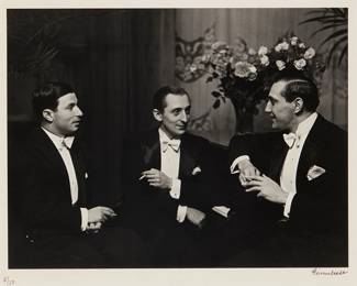 2402
Alfred Eisenstaedt
(1898-1995)
"Violinist Nathan Milstein, Pianist Vladimir Horowitz, Cellist Gregor Piatigorsky," 1932
Gelatin silver print on paper
Edition: 5/50
Signed and numbered in ink in the lower margin: Eisenstaedt; titled and dated in pencil, presumably in another hand, verso
Image: 7" H x 9" W; Sight: 8" H x 9.625" W
Estimate: $300 - $500