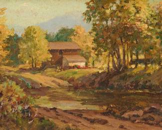 2065
Albert Thomas De Rome
(1885-1859)
"Los Gatos Creek," 1937
Oil on unstretched canvas
Signed lower left: A. De Rome; titled, dated, and inscribed in ink, all verso: Los Gatos Creek / Between School and / Roberts Road Bridges / 1/4 Mi. E. of Main St. Bridge / Nov 15 1937; annotated by various artists, verso
6" H x 8" W
Estimate: $600 - $800