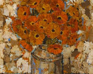 2162
Sonia Mitrovich
(20th Century)
Floral still life
Oil on canvas
With the incised signature upper left: Mitrovich
28" H x 22" W
Estimate: $300 - $500